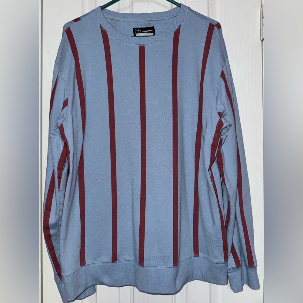 Original Use Men's Blue and Burgundy Striped Crewneck Sweater